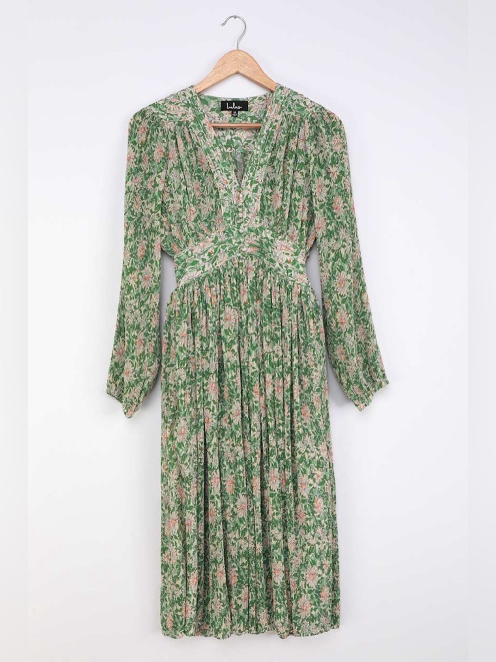 Green Floral V-neck Long Puff Sleeve Pintucked Midi Dress Pleated Wedding Garden - Picture 4 of 11